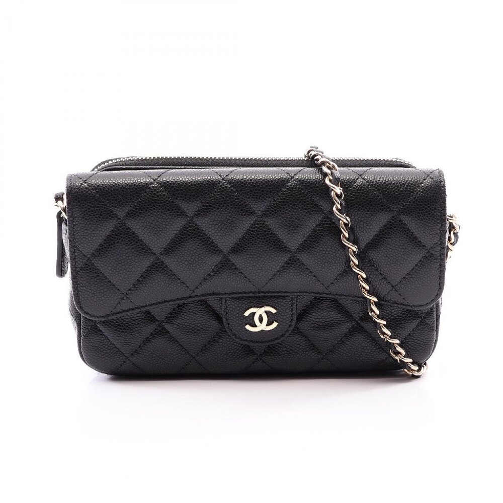 Chanel Matelasse Chain Phone Case Wallet Beige Caviar Skin Grained Calfskin